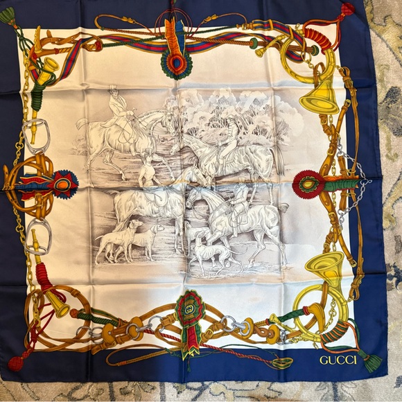 Gucci Blue and White Equestrian Scarf Vintage
